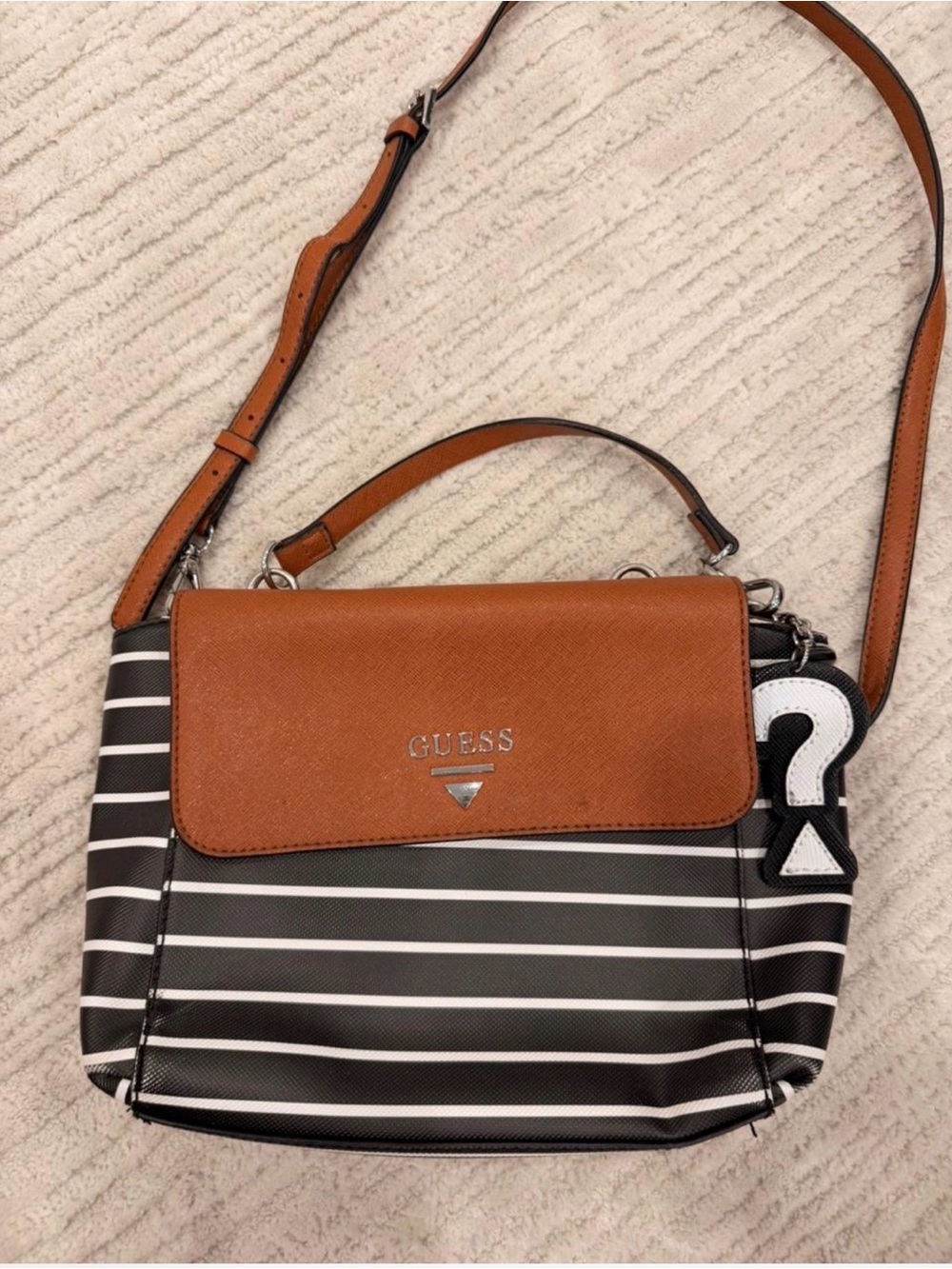 GUESS Black & Tan Striped Flap Crossbody Bag